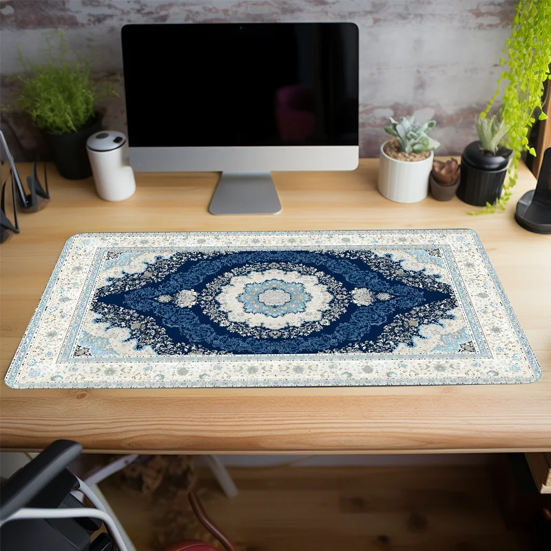 Blue Bohemian Mouse Pad Desk Accessories Extra Large Gaming Mousepad for Desk Non-Slip Rubber Base Computer Mouse Mat Stitched