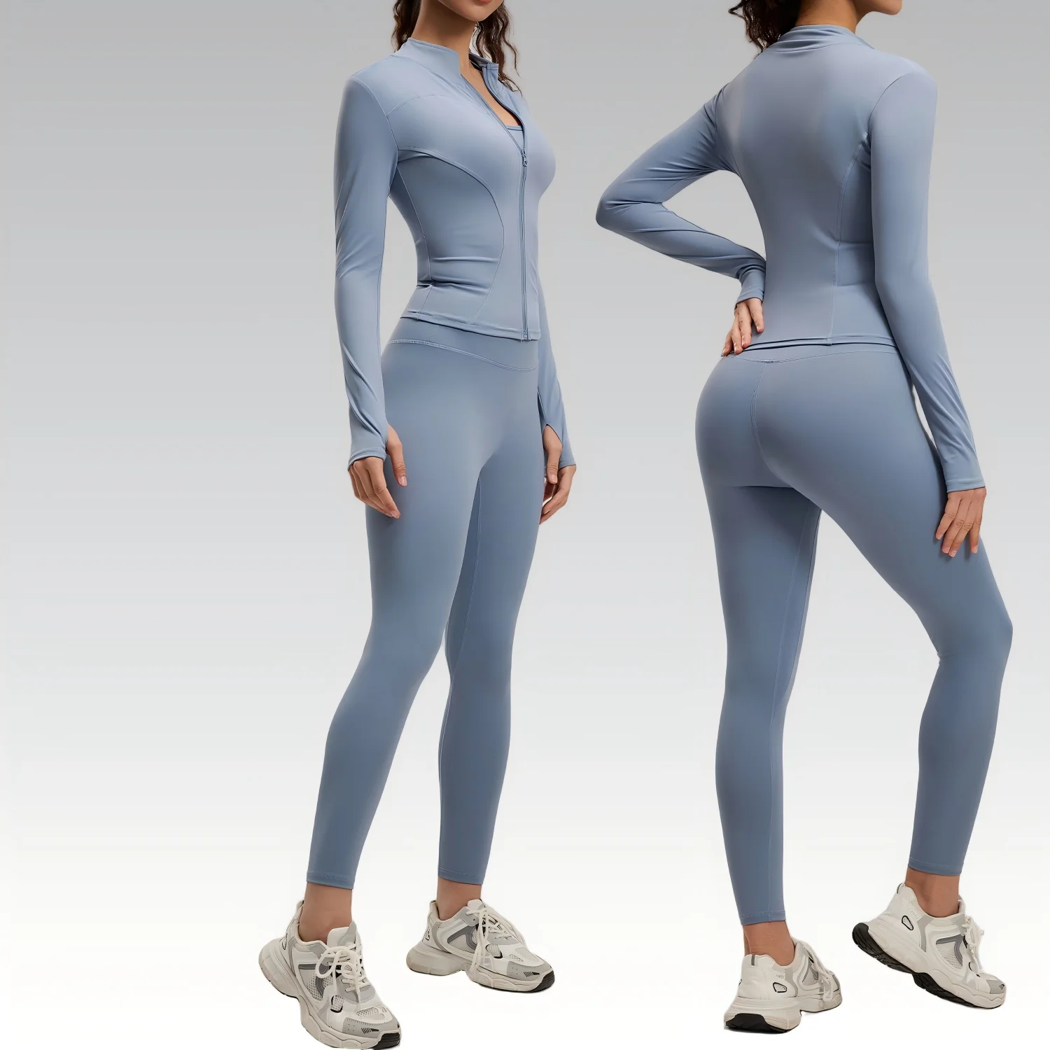 Gray Lake Blue High Stretch Yoga Outfit 2 Piece Set Slim Fit High Waist Butt Lifting Running Gym Workout Sports Suit