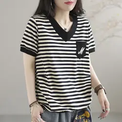 Vintage Striped Loose Tops Tees Summer New Printing Short Sleeve V Neck Plus Size Casual T Shirts Fashion Trend Women Clothing