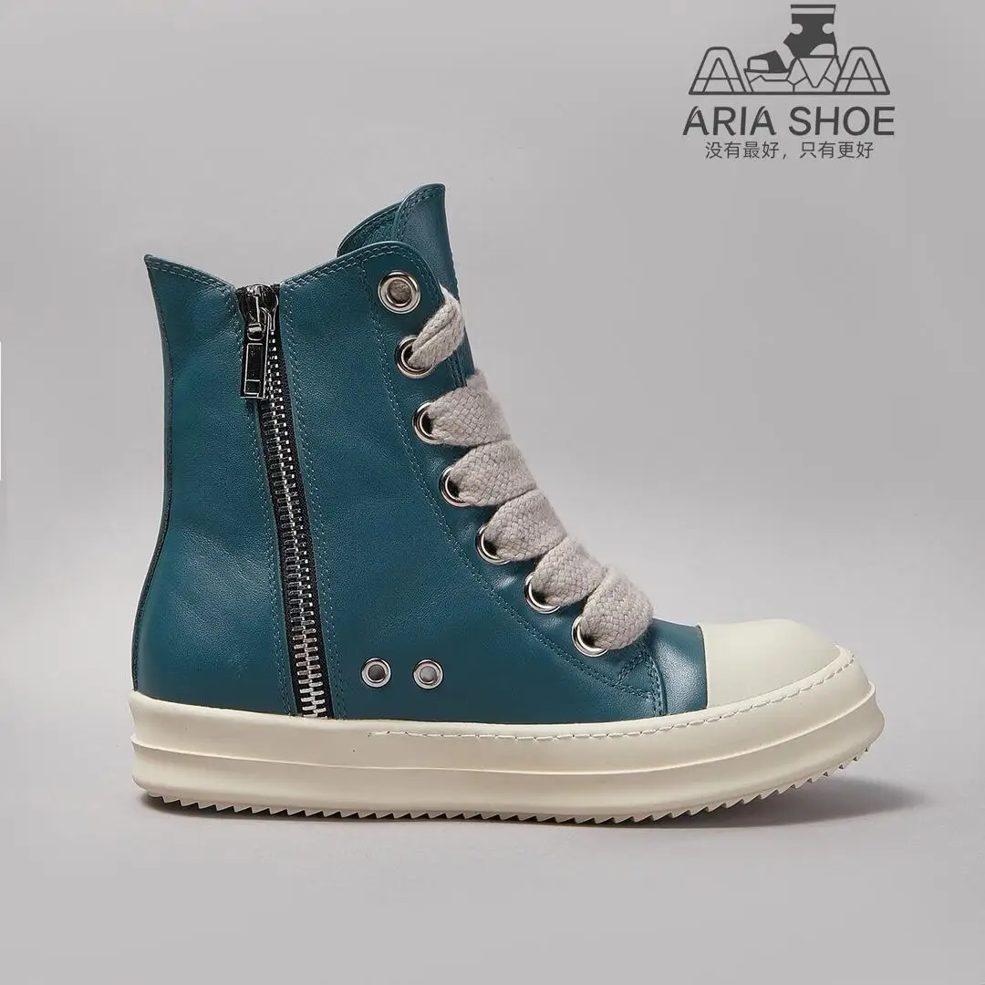 Ricks Men Casual Shoe Thick Shoelaces Cyan Leather High Top Sneakers Owens Women Shoe Lace Zipper Owens Luxury Casual Ankle Boot