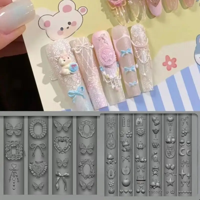 3D Silicone Mold For Nail Art Design Relief Bow Strawberry Baroque Pattern Manicure Templates Plates Tools Accessories