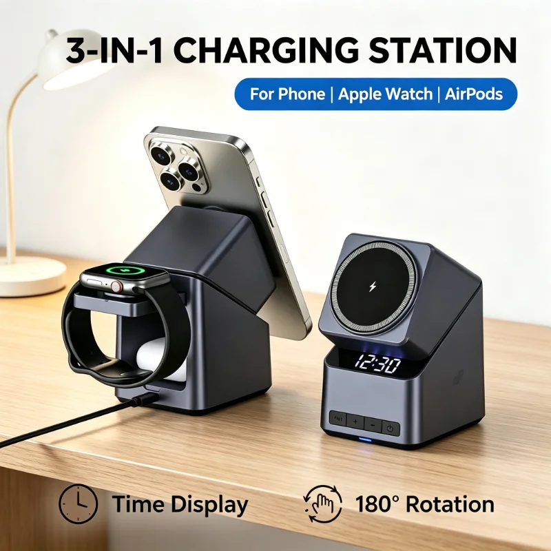 回転式4-in-1マグネティックワイヤレス充電スタンド（時計付き）iphone-17-16-15-14-13-iwatch-11-3-airpods-pro用高速充電ドック