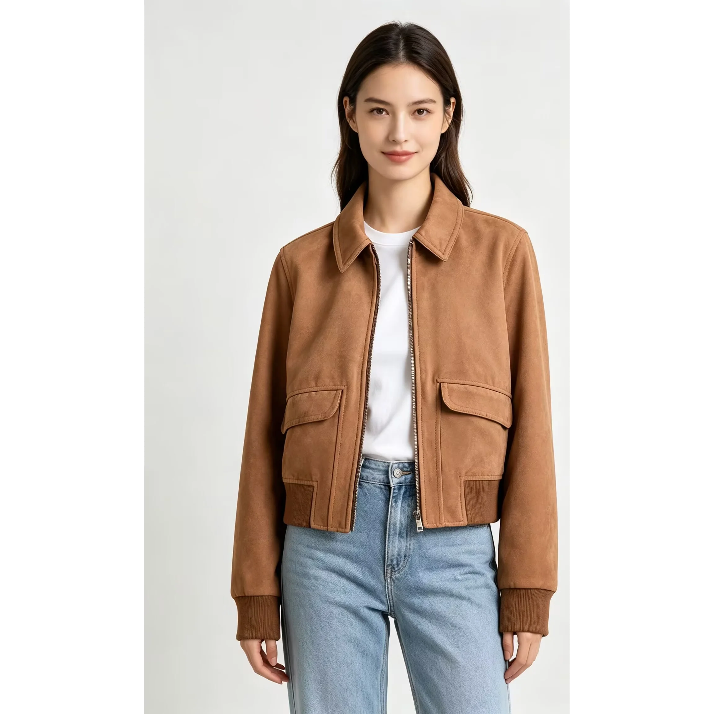 Fashionable Pilot Jacket Women's Short Outerwear Stand Collar Zipper Closure Long Sleeve Polyester Standard Fit Summer 2026