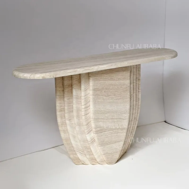 Travertine Console Table Heart-Shape Column Stone for Hotel Decor Convertible Entry Living Room Limestone Beige