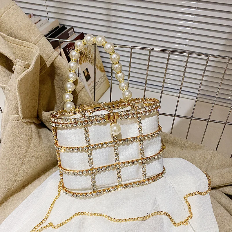 Diamonds Basket Evening Clutch Bags Women 2023 Luxury Hollow Out Pearl Beaded Metallic Cage Handbags Ladies Wedding Party Purse