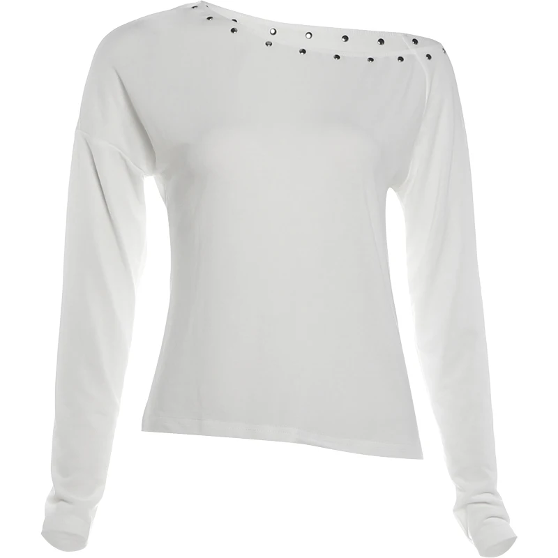 Weird Puss T-Shirts mit schrägem Kragen für Damen, schlicht, schulterfrei, langärmelig, modisch, klassisch, Herbst, lässig, vielseitig kombinierbar, Streetwear – Detail 2
