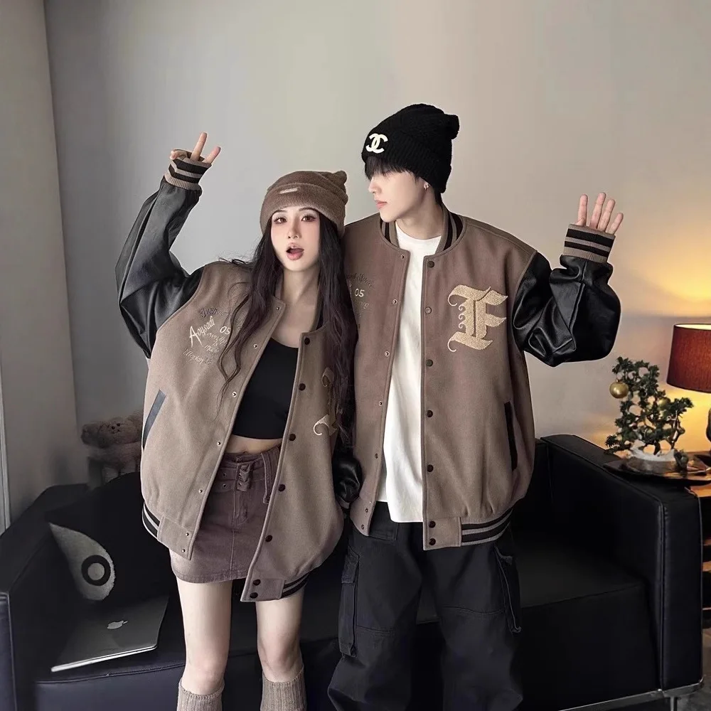 American retro high street baseball uniform jacket men's couple autumn clothing 2025 PU leather stitching all-match jacket