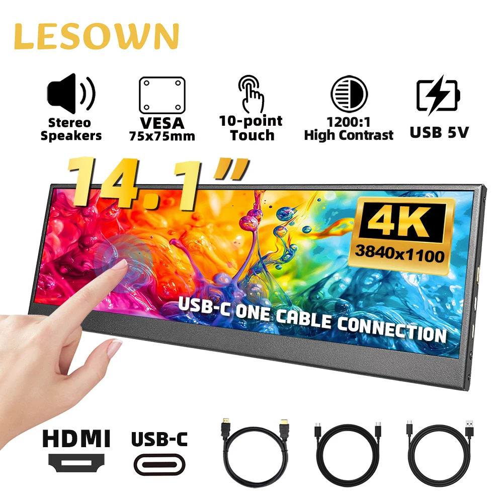 LESOWN Portable Widescreen Monitor 4K 14.1 inch Stretched Bar USB C HDMI Touch Screen Long Strip Auxiliary Video Editing Display