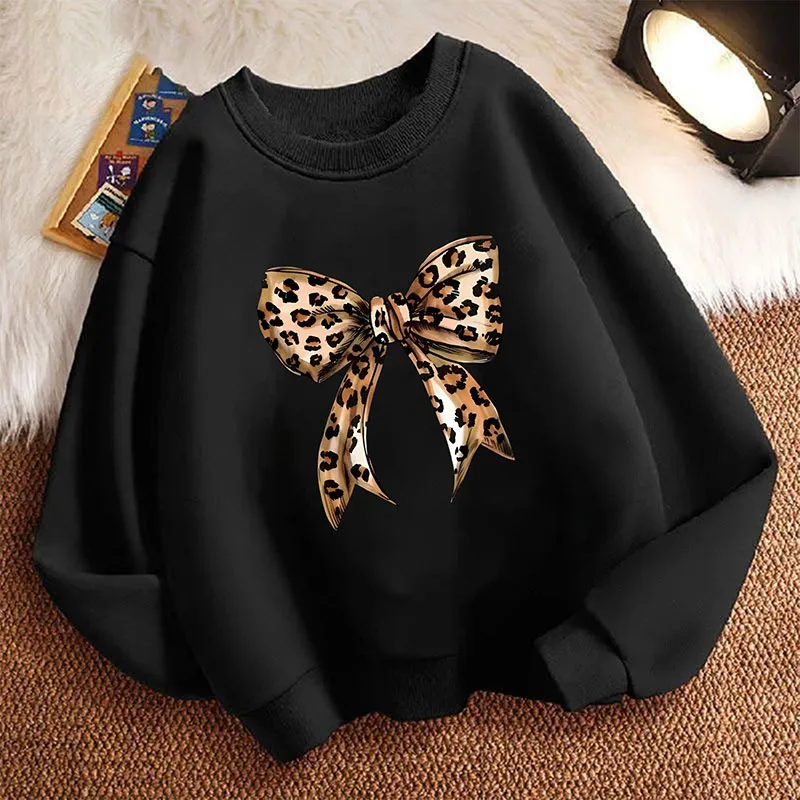 Modischer Lustiger Kinder-Sweatshirt Pullover Frühling Leoparden-Schleife Y2k Rundhals Grafik-Print Hoodie Mädchen Kinder Kapuzenpullover