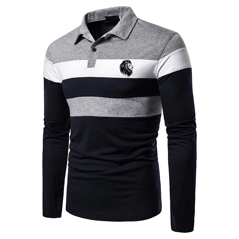 Men\'s Casual Top Long Sleeved Polo Shirt Lion Print Fashionable Golf Outfit Three Color Patchwork Casual Men\'s Clothing