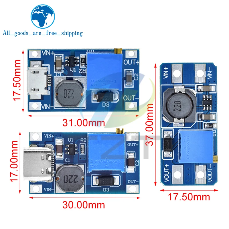 TZT 1/5/10PCS MT3608 Type-c/Micro USB 2A Max DC-DC Step Up Power Module Booster Power Module 3-5V to 5V/9V/12V/24V image 3