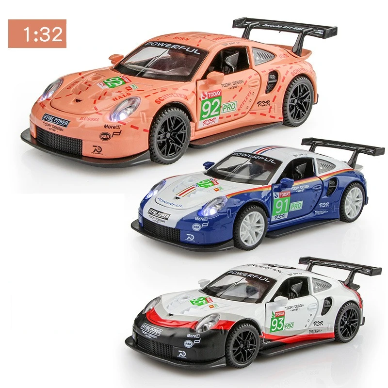 

1:32 911 GT3 RSR спортивный автомобиль из сплава, модель литья под давлением автомобиля, игрушки, двери, открытый звук, свет, откат, миниатюрный автомобиль, орнамент, детский подарок