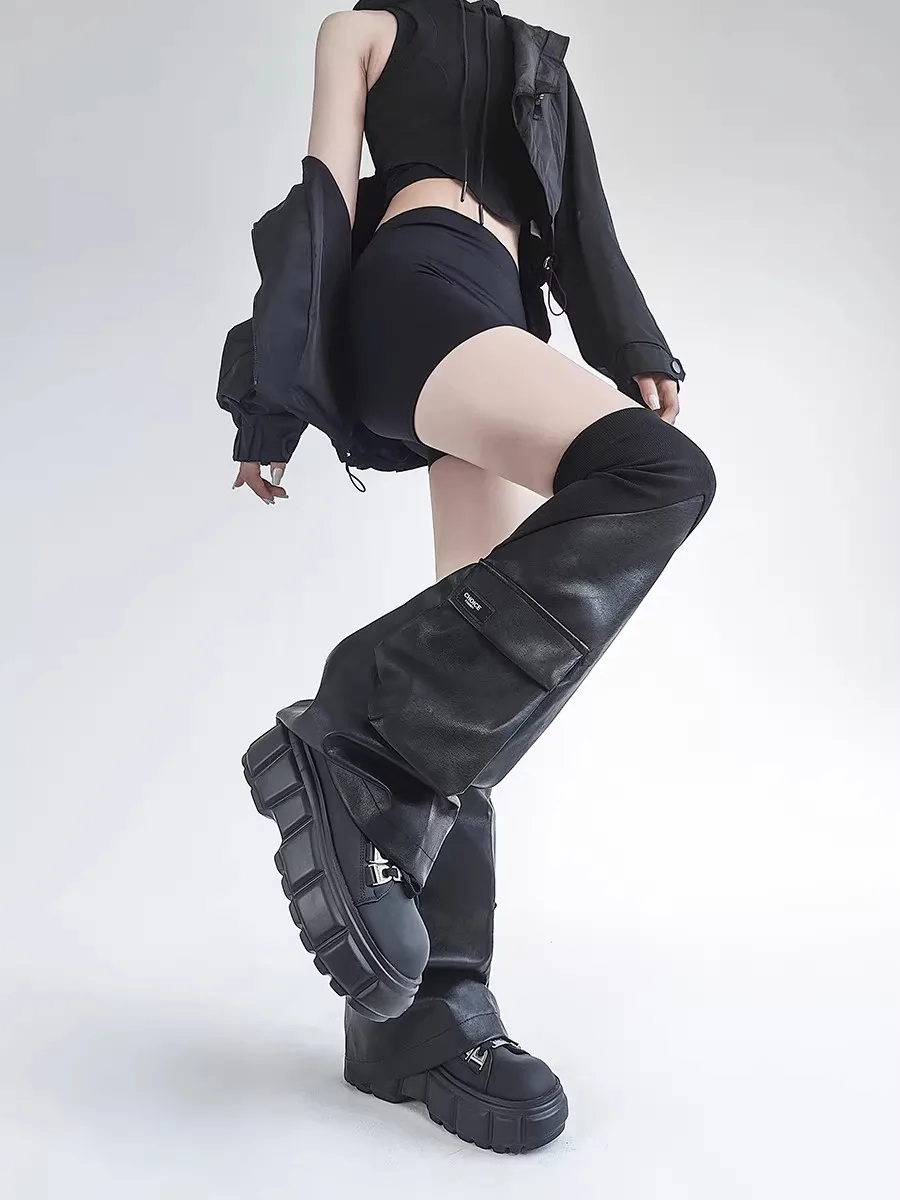 ro-techwear-フレアオーバーニーレッグカバー、リブ編みフェイクレザーパッチワーク3dポケットレッグスリーブ-r1536