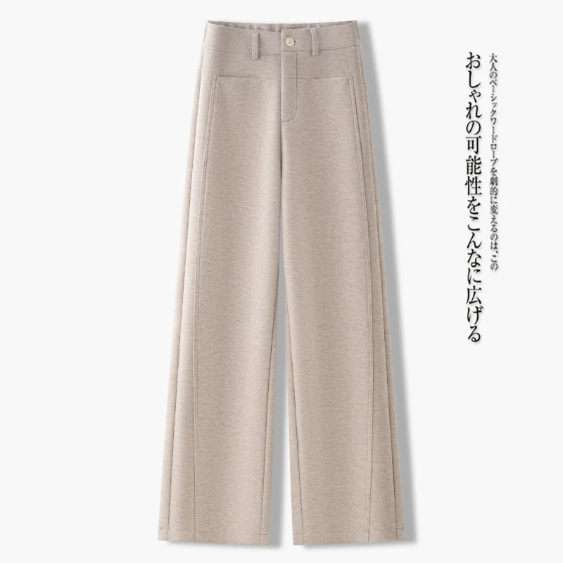 سروال صوف مشمش مستقيم الساق للنساء، وسراويل شتوية سميكة أنيقة، سروال كاجوال صوف ناعم ثنيات