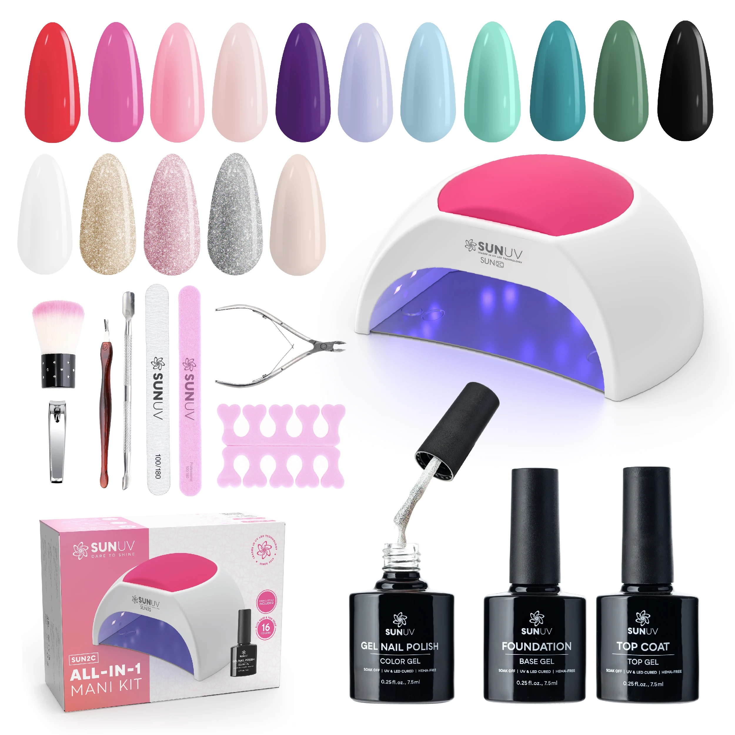 SUNUV Gel Nail Polish Kit with UV Lamp SUN2C 48W 16 Colors Nai Polish Base & Top Coat 8 Nail Tools Complete Manicure Set