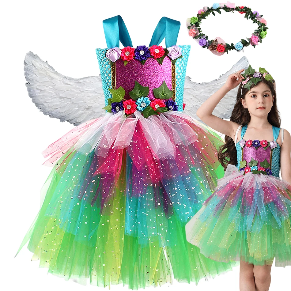 

Disney Tinker Bell Princess Dress Girl Floral Sequins Tutu Gown Wedding Carnival Costume Kid Elegant Halloween Clothes with Wing