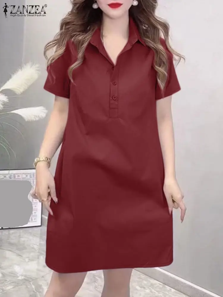 Zanzea Dames Overhemdjurk Met Korte Mouwen Pendelen Elegante Turn-Down Kraag Dagelijkse Vestidos Effen Casual Zomer 2024 Knielange Jurk