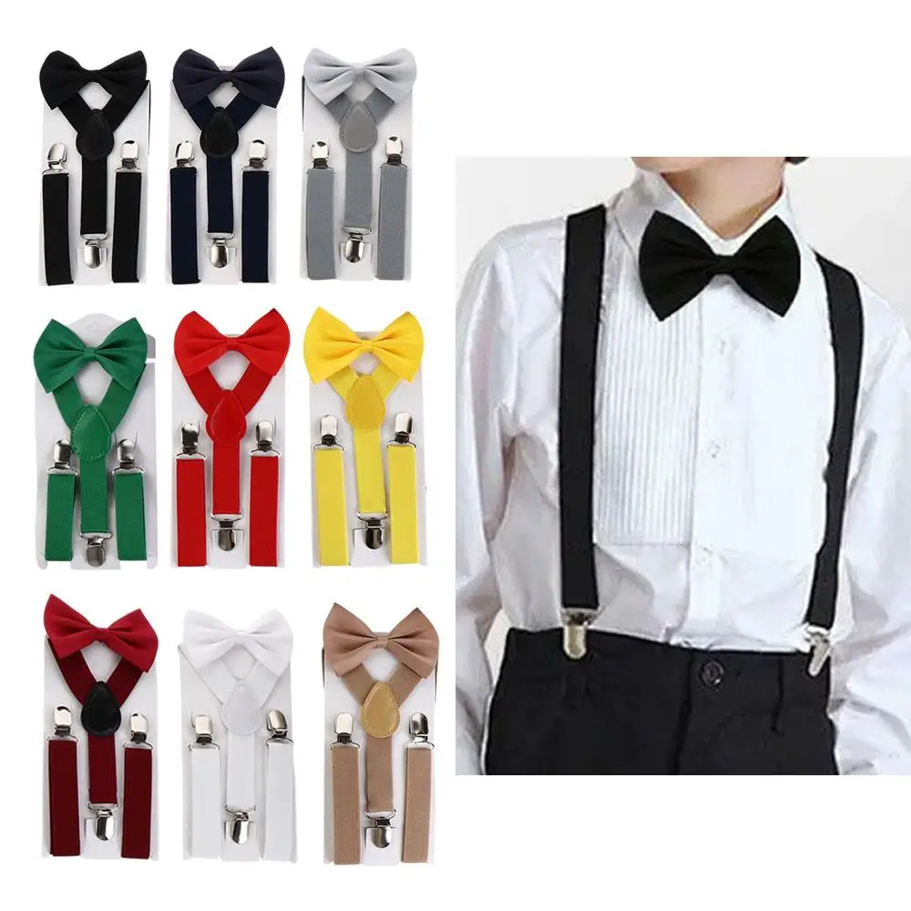 Fashion warna Solid untuk anak perempuan untuk anak laki-laki untuk anak-anak tali dasi kupu-kupu suspender klip dasi suspender Set celana gantung klip