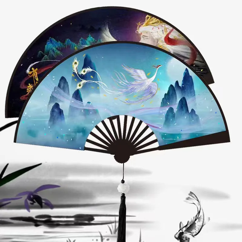Summer Daily Folding Fan ，Dragon and Phoenix Cloth Surface Durable Hand fan ，High Quality Home Decoration Dance Gift Folding Fan