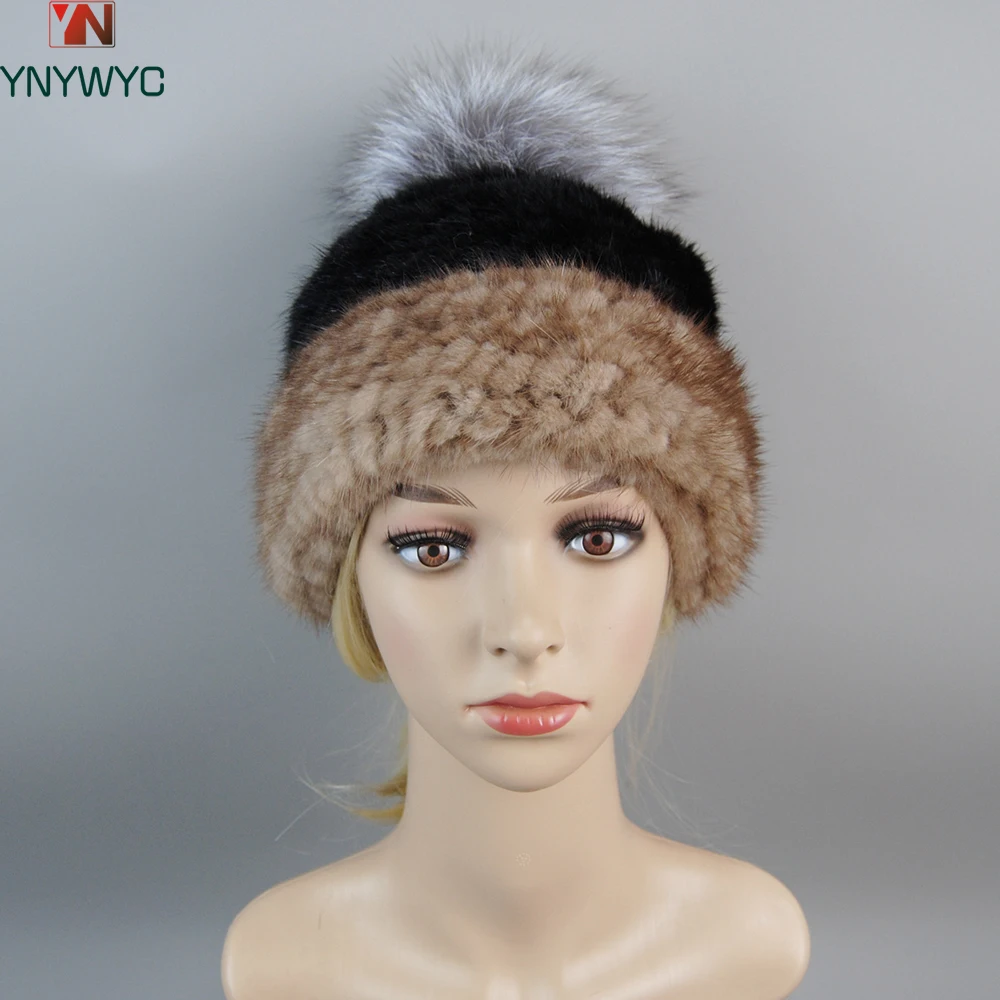 New Luxury Womens Winter Knitted 100% Real Sable Fur Hat Fur Beanie Russian Mink Fur Cap With Fox Fur Pom Poms Female Warm Thick