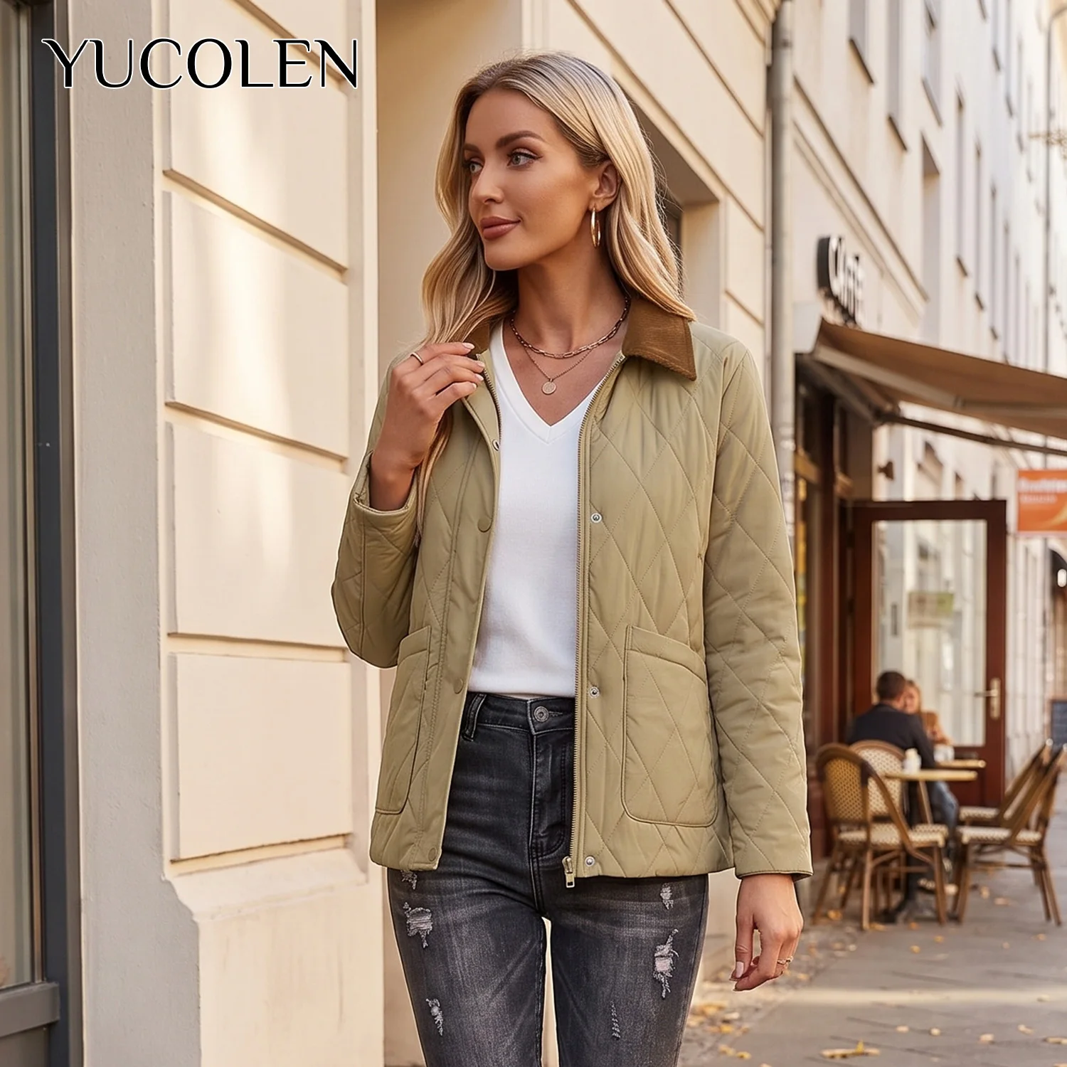 YUCOLEN Women Diamond Quilted Jacket Contrast Corduroy Collar Lightweight Padded Coat Zip Snap Button Loose Casual Short Outerwe