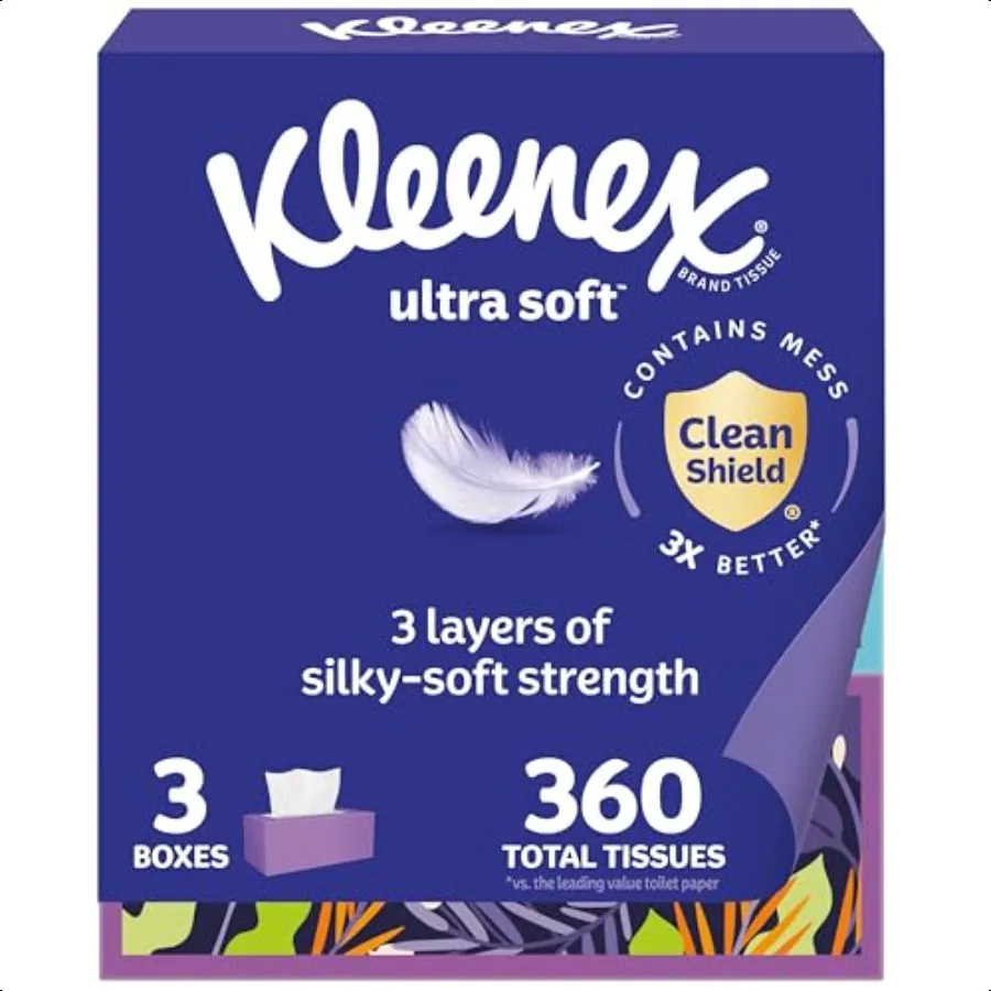 Kleenex Ultra Soft Facial Tissues 3 Flat Boxes 120 Tissues per Box 3Ply 360 Total Packaging May Vary