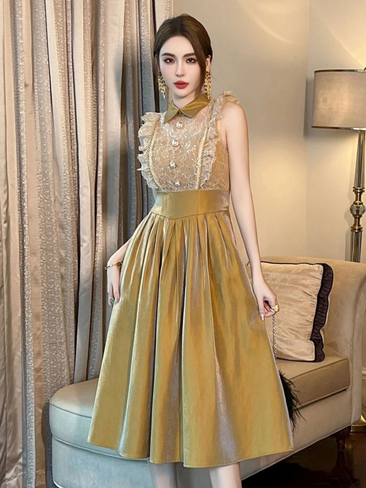แฟชั่นฤดูร้อนใหม่ลูกไม้ Splic ชุดราตรีเสื้อผ้าผู้หญิงหวานบินแขน Slim Midi A-Line Party Prom Vestidos Fiesta Robe