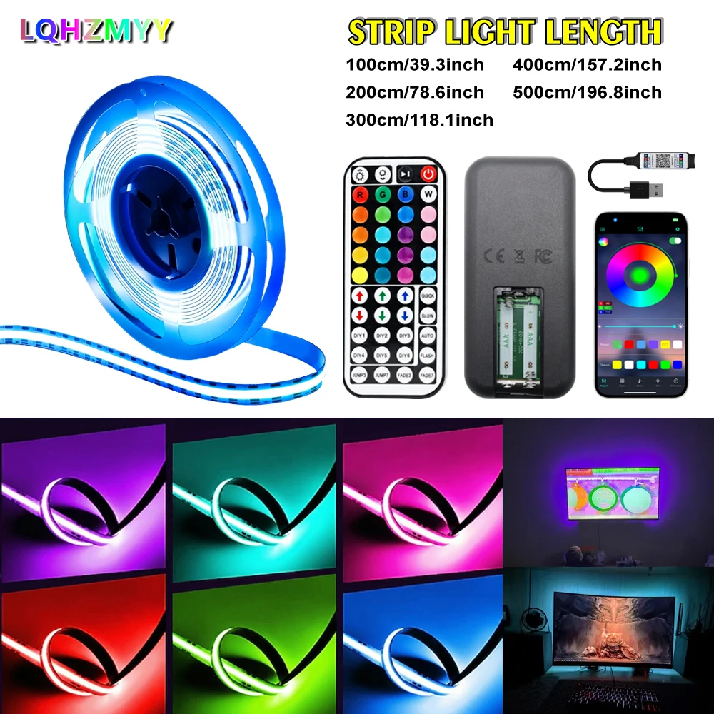 1Pcs Rgb Spotless Cob Flexible Led Light Strip with Sound-Activated Multifunctional 44-Key Remote Control, Bluetooth Function, App Control, Can Control Light Color and Brightness, Can Respond to Sound and Light, Suitab