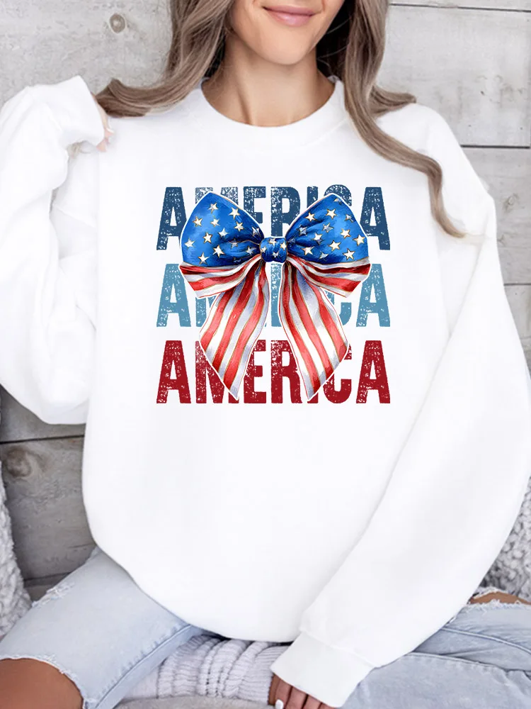 

Женская толстовка с принтом America and Bow, повседневный пуловер с длинным рукавом, свободный крой, уличный стиль для осени и зимы