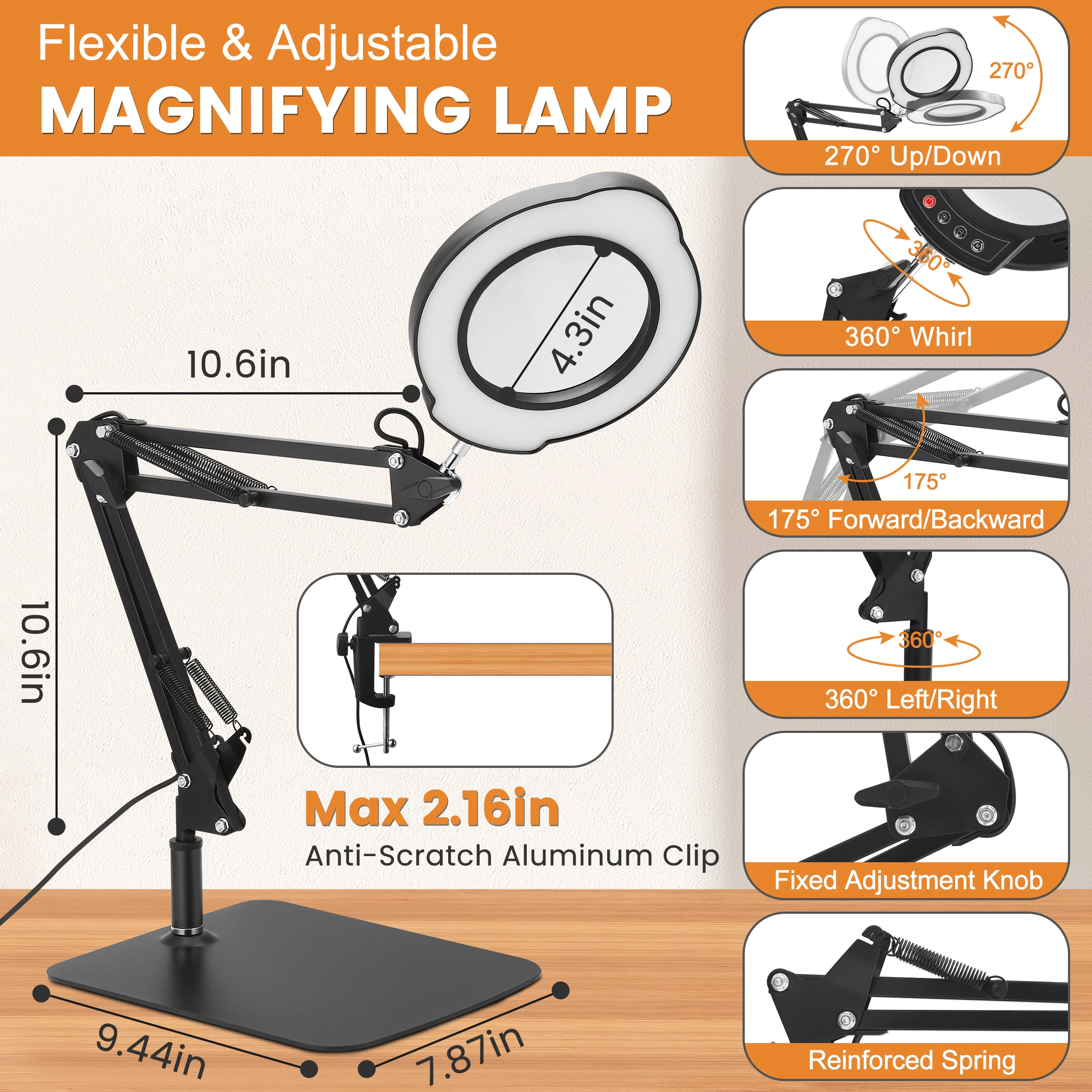 Lente d'ingrandimento con ingrandimento 15X 5 temperature di colore 10 livelli di luminosità Lente d'ingrandimento Bracci flessibili 360 ° Girevole
