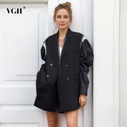 VGH Colorblock Patchwork Button Design Blazer For Women Notched Collar Long Sleeve Minimalist Loose Blazers Female Fashion New