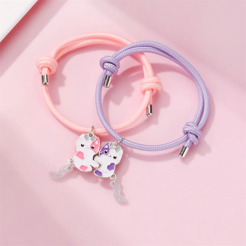 2 Pcs/set Magnetic Luminous Cat Pendant Bracelet Best Friend Bracelet Chain Bracelet Adjustable Party Accessories Jewelry