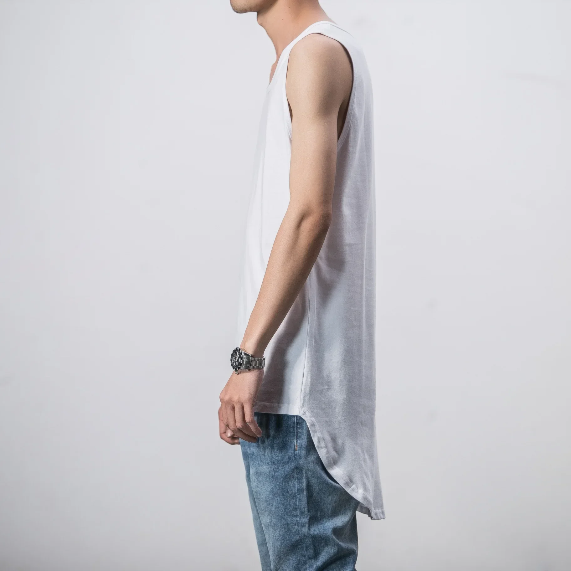 MRMT 2026 Brand New Men's High Street Summer Breathable Cotton Men's Vest Solid Color Front Short Back Long Arc Hem