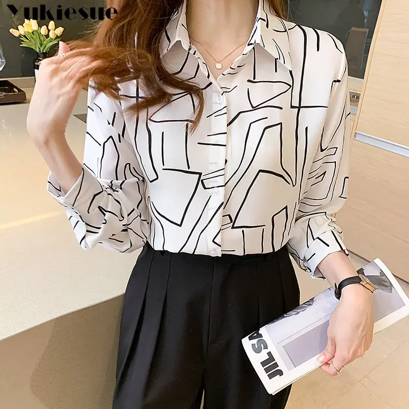 

Printed Spring New Chic Long Sleeve Chiffon Simple Line Pattern Fashion Tops Shirt Female Design Sense Of Minority Light Mature