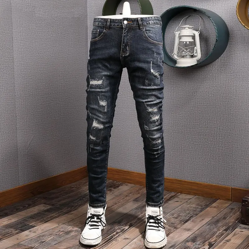 

High Street Fashion Men Jeans Retro Dark Blue Stretch Skinny Fit Ripped Jeans Men Vintage Designer Denim Pencil Pants Hombre