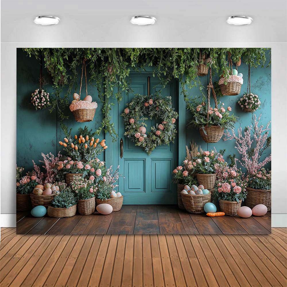 Easter Photography Backdrop Easter Egg Rabbit Blue Wooden Door Blooming Flowers And Plants Kids Party Decor Photography Studio