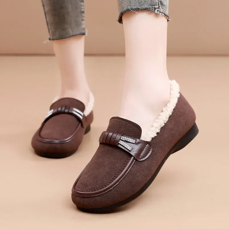 Retro Women's Slip on Flat Shoes White Women Soft Sole Non-slip Loafer Female Casual Plush Warm Cotton Shoes Zapatillas Mujer