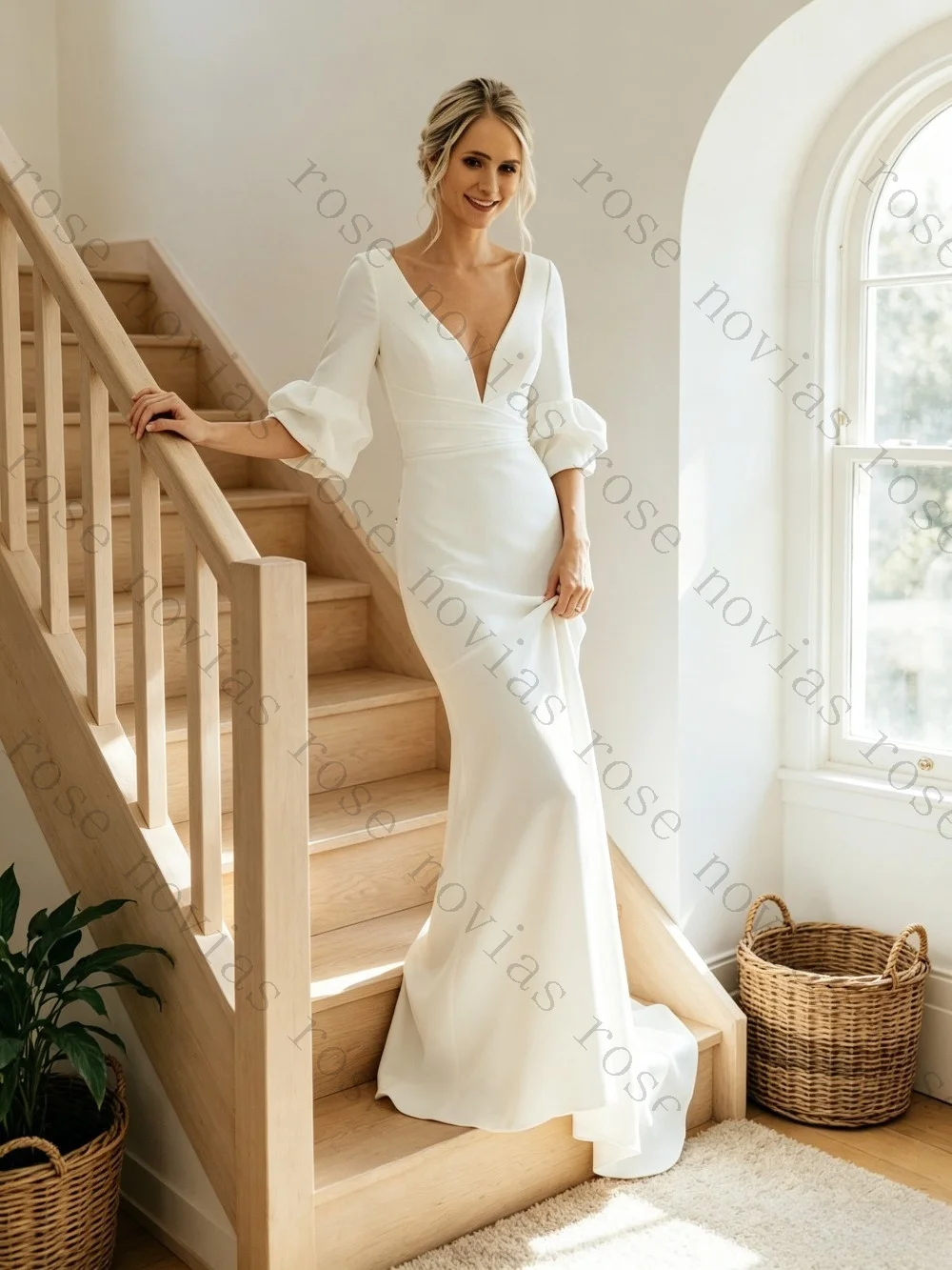Customized White Satin V-neck Mermaid Wedding Dress 2026 Bubble Sleeves Simple and Slim Fit Long Beach Bride Gown Formal Party