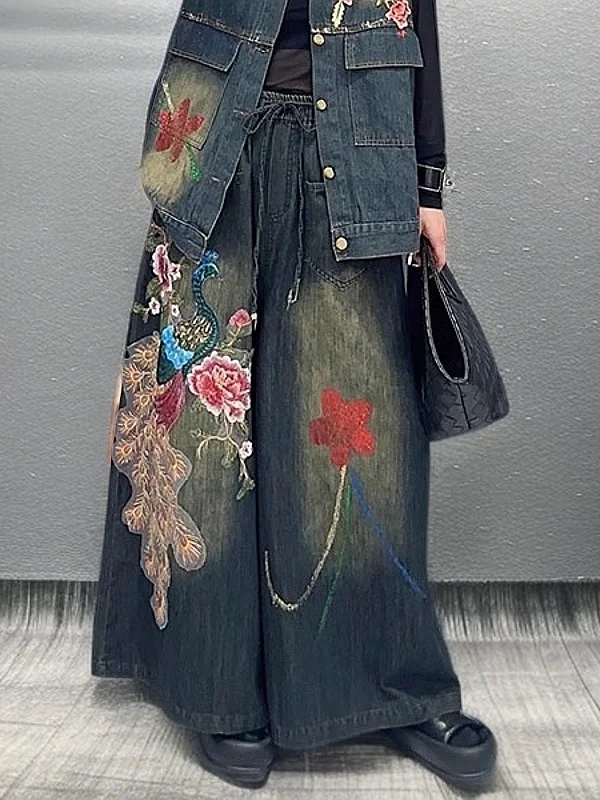 

Trendy Embroidered Wide Leg Pants High Waist Loose Fit Spring Season Women's Jeans Floral Patchwork Casual Sle Antibacterial
