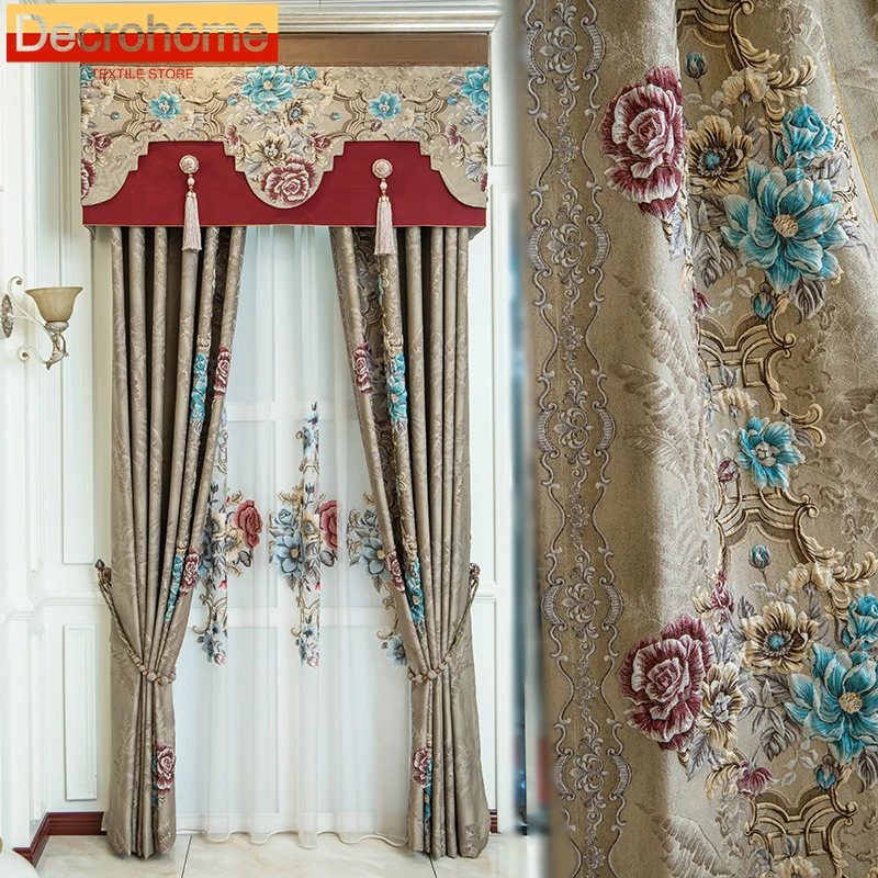 European Style Embossed Embroidered Luxury Curtains for Living Room Bedroom Floor Curtains Blackout Simple Curtains Customize