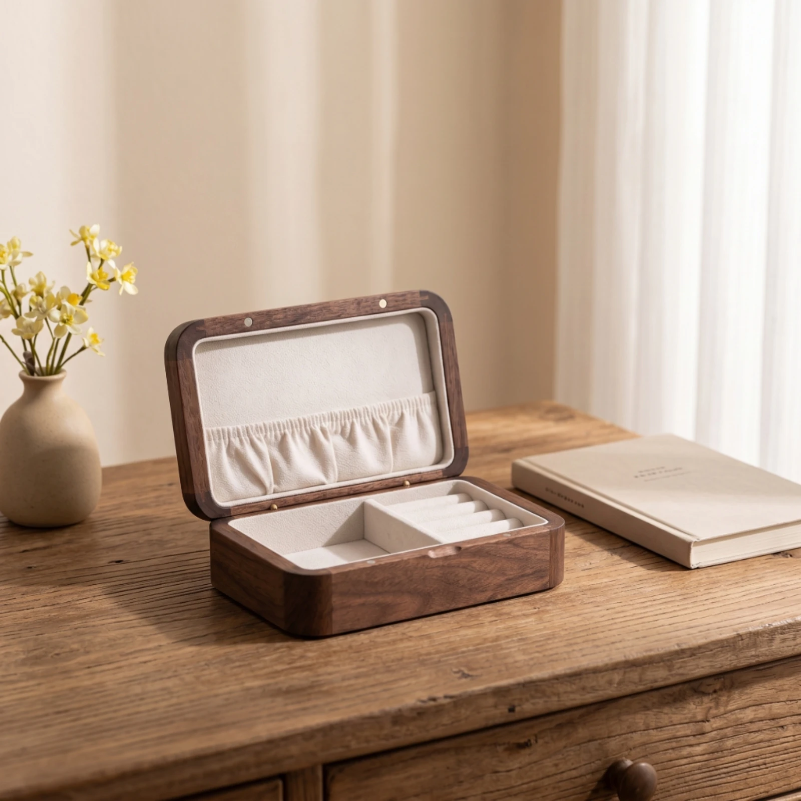 Jewelry Box with Hinged Lid Divided Wooden Jewelry Box Compact Classic for Women, Dresser, Desktop