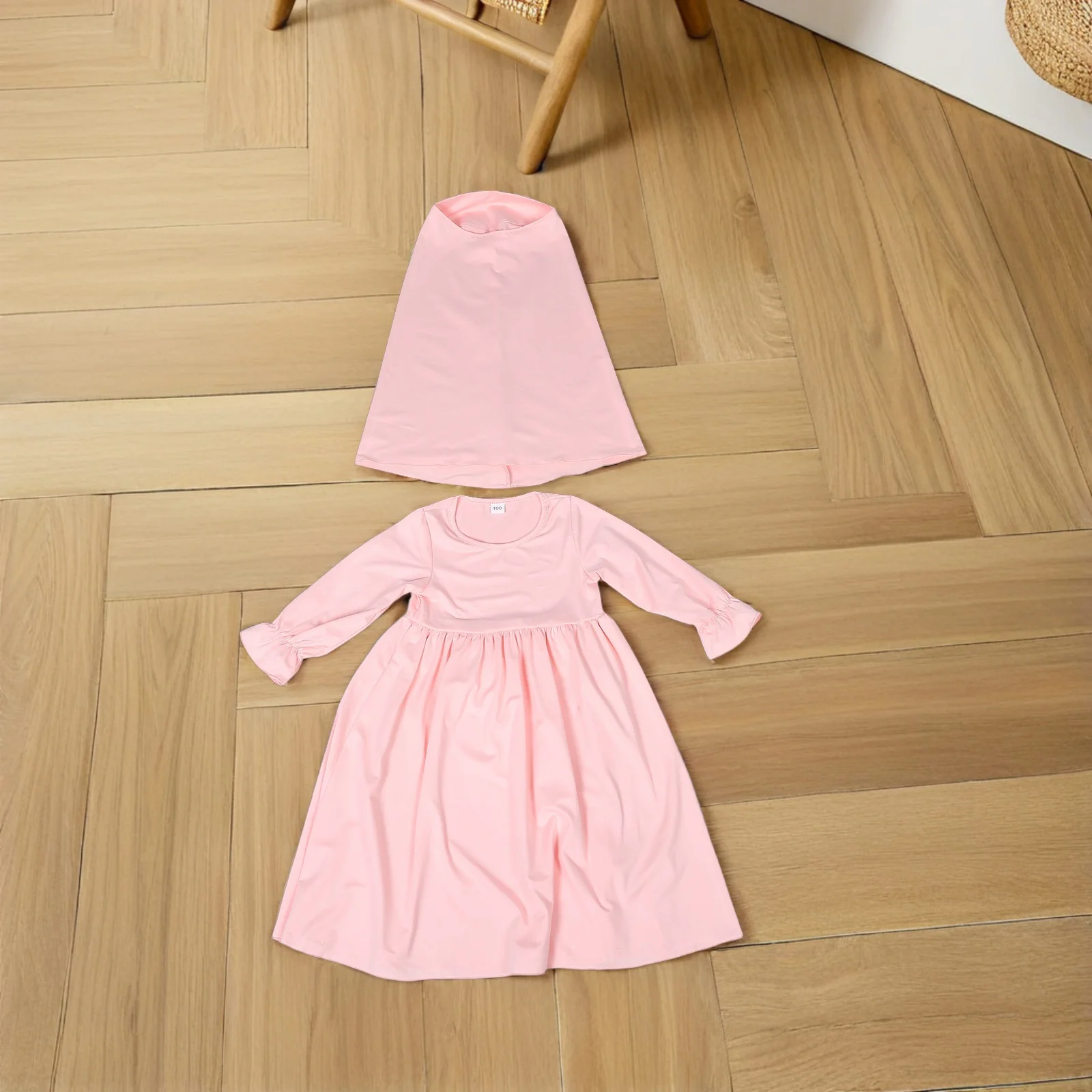 1 set 1 set vestito per bambini set 100 cm manica lunga vestito musulmano per la ragazza del bambino neonate hijab manica volant abito da preghiera bambini