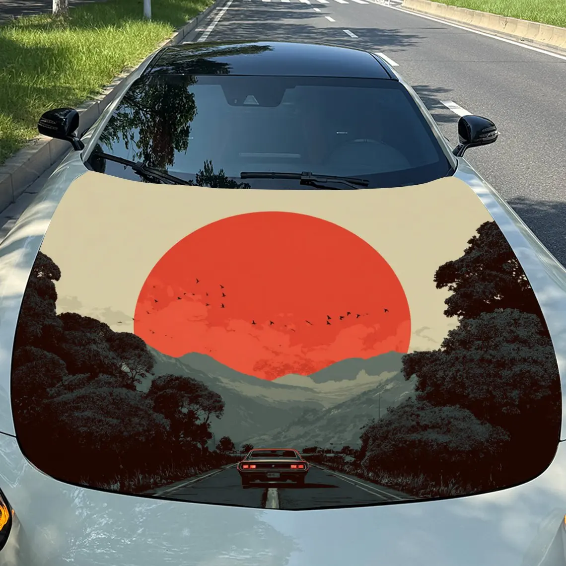 Artistic Sunset - And - Mountain Car Hood  Stickers - Self-Adhesive, Waterproof and Durable Vinyl Wrap, Decorate And Protect You