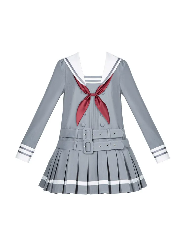 

Gray and White Nautical Lolita One-Piece Dress Double Belt Navy Lolita OP with Sailor Collar Loose Op Pleated Dress