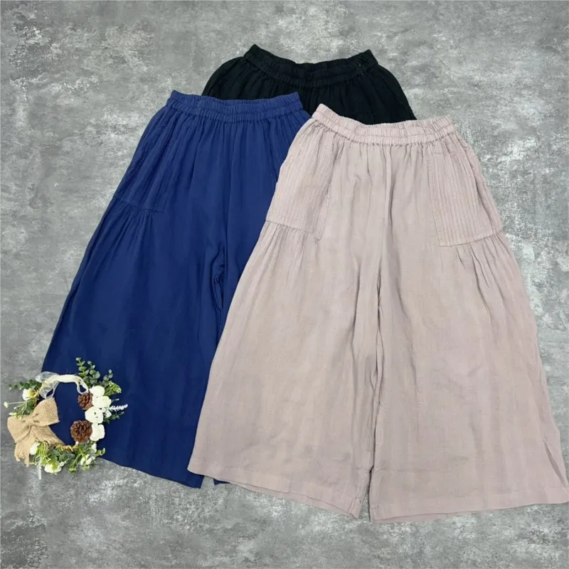 Johnature Spring Summer New Japanese Mori Women Ramie Pants Lined Casual Loose Pleated Thin Elastic Wide-leg Pants