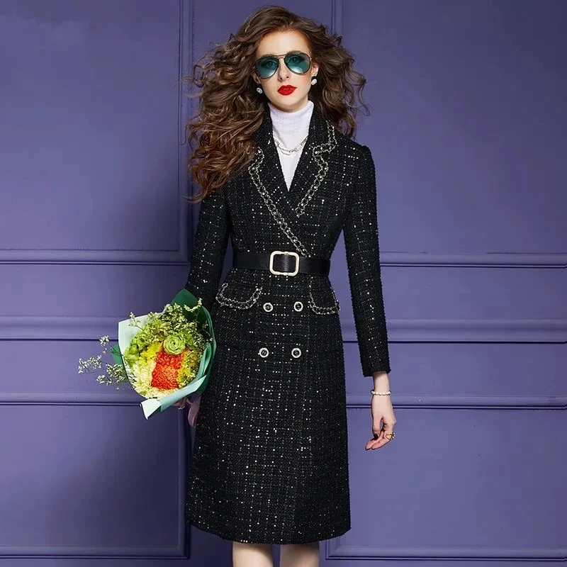 

Women's Black Woolen Coat Winter Thickened Cotton Sandwich Temperament Slim Long Double Breasted Wool Jacket
