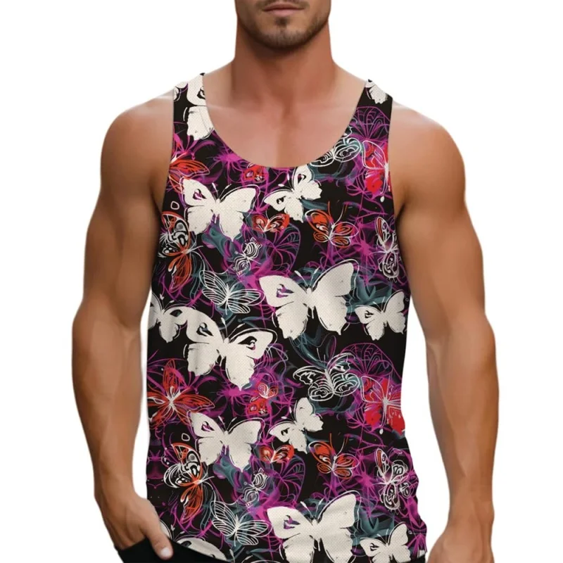3D Printed Colorful Gradient Butterfly Tank Tops For Men Insects Pattern Tees Summer Loose Street Sports Round Neck Vest Tops