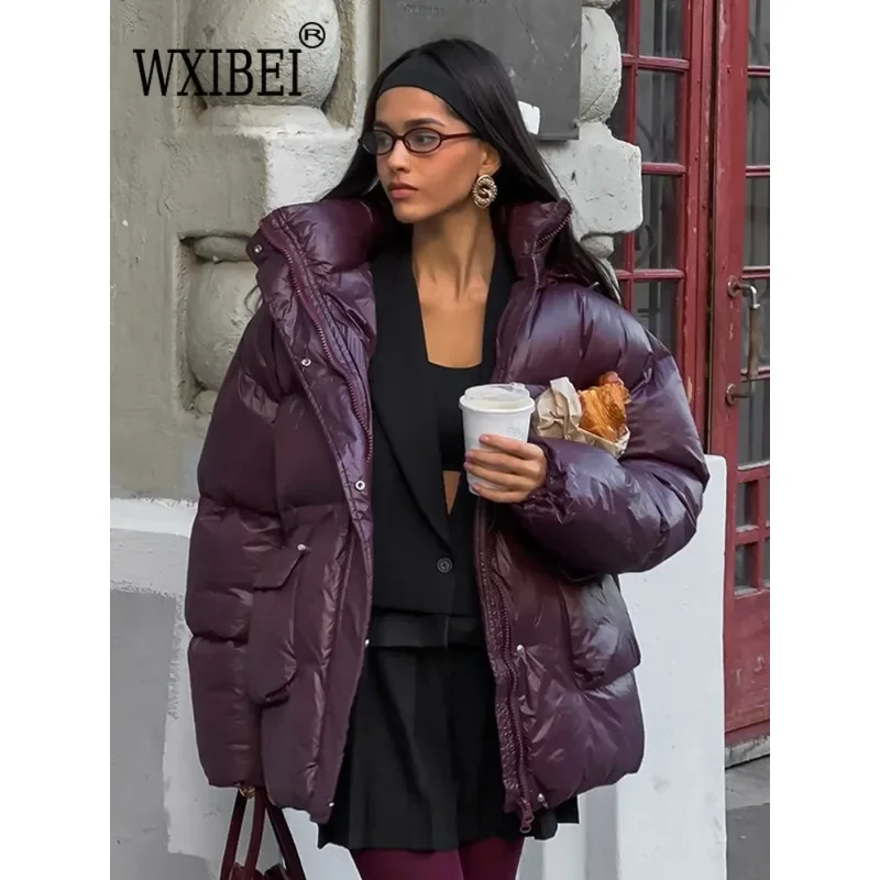 2024 New Burgundy Winter Warm Down Jacket Women Elegant Stand Collar Lace Up Pocket Cotton Coats Autumn Female Street Outerwear