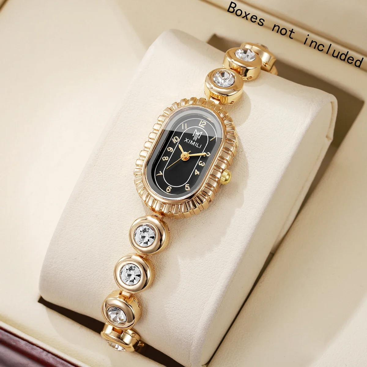 Women's Luxury Crystal Quartz Watch, Oval Black Dial with Diamond Bezel and Gold Tone Band, Casual/Office Wear