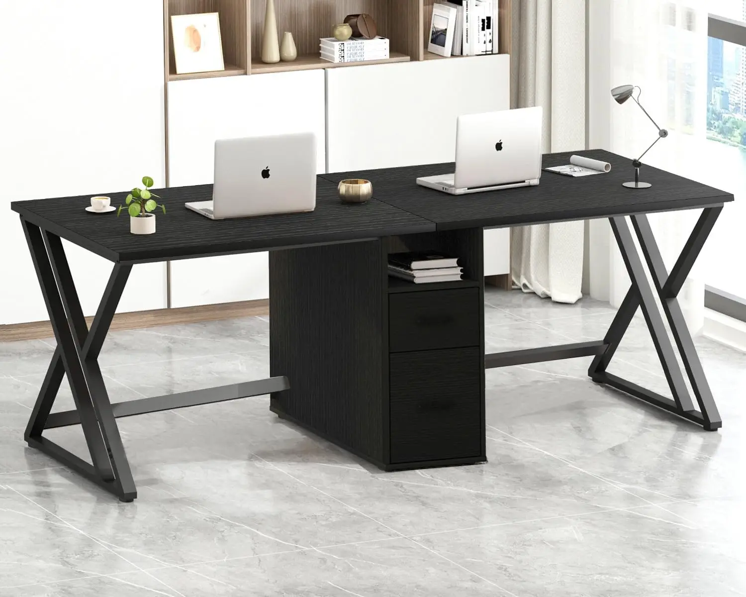 

Extra Long Two Person Desk, Large Black Computer Desk with File Drawer, Wood Metal Double Gaming Desk with Storage Cabinet